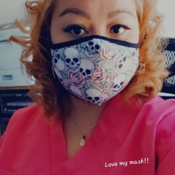 IN STOCK Fast Ship Black Skull Pink Rose Face Mask - Picture 5 of 8